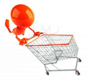 Royalty Free 3d Clipart Image of a Red Guy Pushing a Shopping Cart