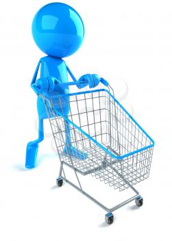 Royalty Free 3d Clipart Image of a Blue Guy Pushing a Shopping Cart