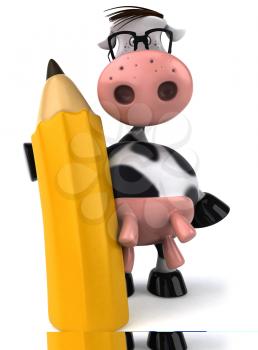 Royalty Free Clipart Image of a Holstein Cow Wearing Spectacles and Holding a Pencil