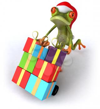 Royalty Free 3d Clipart Image of a Frog Wearing a Santa Hat and Pushing a Dolly Cart Full of Presents