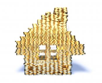 Royalty Free 3d Clipart Image of Gold Coins Stacked in the Shape of a House