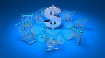 Royalty Free 3d Clipart Image of Shopping Carts With a Blue Background and Dollar Sign in the Centre