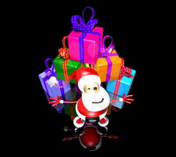 Royalty Free 3d Clipart Image of Santa Standing in Front of a Large Pyramid of Gifts