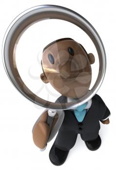Royalty Free Clipart Image of a Black Businessman With a Magnifying Glass