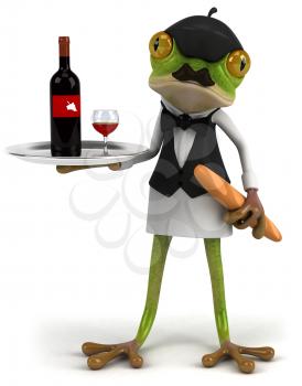 Royalty Free Clipart Image of a Frog Serving Wine and Baguette