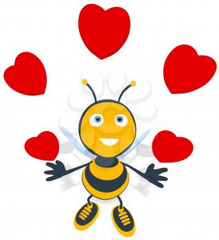 Royalty Free Clipart Image of a Bee Juggling Hearts