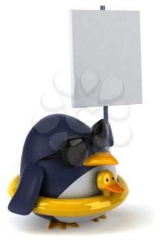 Royalty Free Clipart Image of a Penguin With a Rubber Duck Ring and Sign