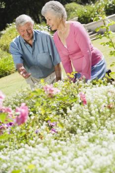Royalty Free Photo of a Senior Couple in a Flower Bed