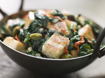 Royalty Free Photo of Karai Dish with Spinach and Fried Paneer