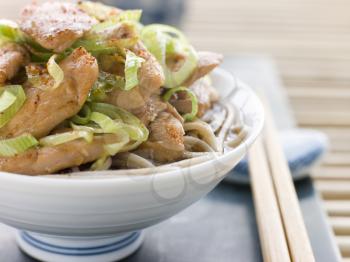 Royalty Free Photo of a Bowl of Chicken and Leek Soba Noodles in Broth