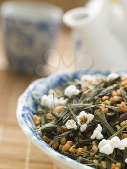 Royalty Free Photo of Green Tea Leaves with Brown Rice