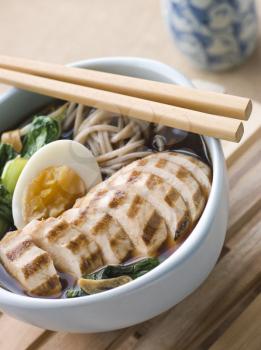 Royalty Free Photo of Chargrilled Chicken Soba Noodle and Miso Soup
