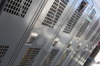 Royalty Free Photo of a Row of Lockers in the Fire Station