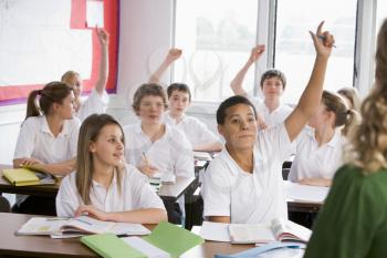 Royalty Free Photo of Students Raising Their Hands in Class