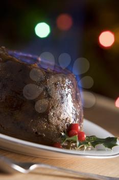 Royalty Free Photo of Christmas Pudding With a Brandy Flambe 