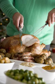 Royalty Free Photo of a Person Carving a Roast Turkey