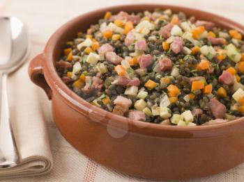 Royalty Free Photo of a Bowl of Puy Lentils With Lardons