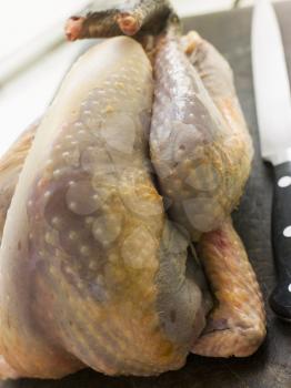 Royalty Free Photo of Whole Guinea Fowl on a Chopping Board