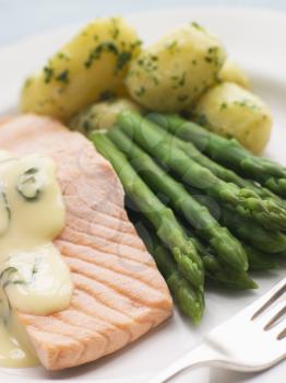 Royalty Free Photo of Poached Salmon with Asparagus and Sorrel Sauce