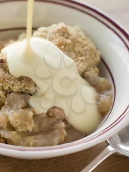 Royalty Free Photo of a Bowl of Apple Crumble with Custard