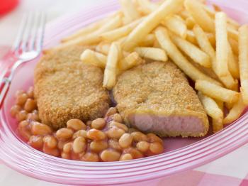 Royalty Free Photo of Breadcrumbed Luncheon Meat with Baked Beans and Chips