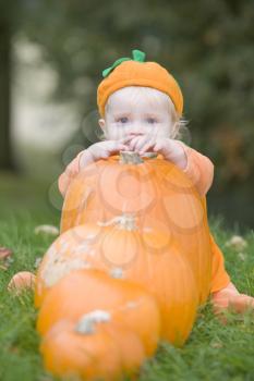 Royalty Free Photo of a Baby in a Pumpkin Costume With Pumpkins
