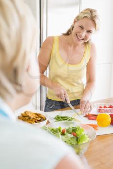 Royalty Free Photo of a Woman Preparing a Meal While Talking to Another Woman