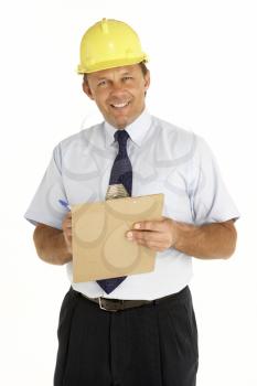 Royalty Free Photo of a Man in a Hardhat Holding a Clipboard