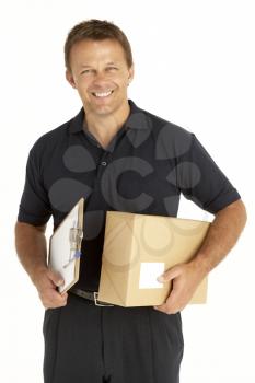 Royalty Free Photo of a Man With a Clipboard and a Package