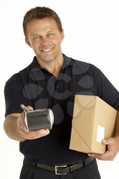 Royalty Free Photo of a Courier With a Parcel and Electronic Clipboard