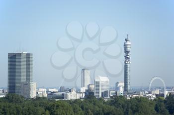 Royalty Free Photo of a Cityscape With the BT Tower and Millennium Wheel in London, England