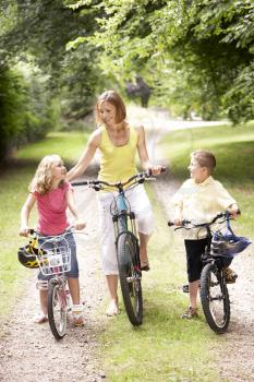 Royalty Free Photo of a Mother and Children Riding Bikes