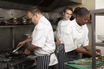Team Of Chefs Preparing Food In Restaurant Kitchen