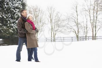 Senior Couple Walking In Snowy Landscape