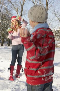 Mother And Son Having Snowball Fight In Snowy Landscape