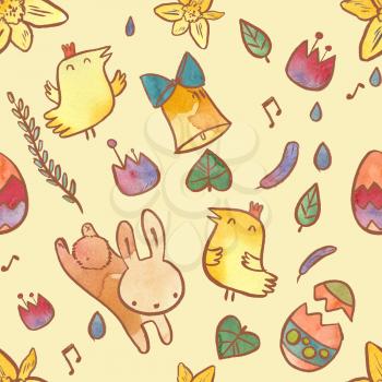 Watercolor seamless pattern on Easter theme. Easter background with bunny, chicks, eggs and flowers