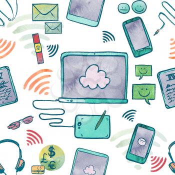 Watercolor Illustration Of Communication Technology Devices