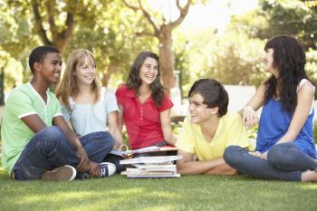 Group Of Teenage Students Chatting Together In Park