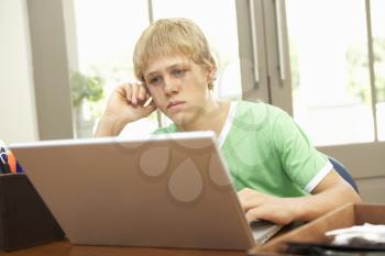 Worried Looking Teenage Boy Using Laptop At Home