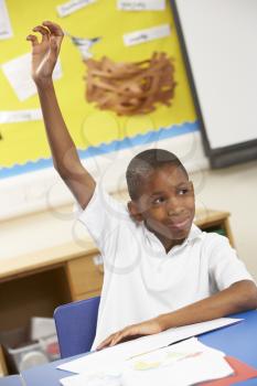 Schoolboy Raising Hand In Classroom