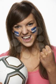 Young Female Football Fan With Honduran Flag Painted On Face