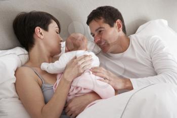 Parents Cuddling Newborn Baby In Bed At Home