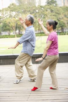 Senior Chinese Couple Doing Tai Chi In Park