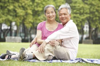 Senior Chinese Couple Relaxing In Park Together