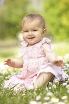 Baby Girl In Summer Dress Sitting In Field