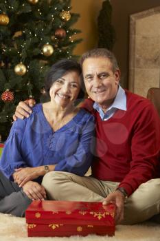 Senior Couple Exchanging Gifts In Front Of Christmas Tree