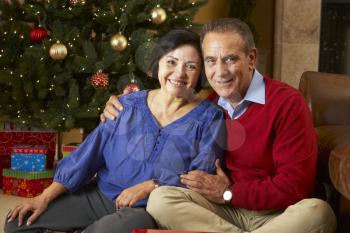 Senior Couple In Front Of Christmas Tree