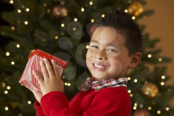 Boy Holding Christmas Present In Front Of Tree