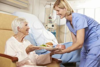 Nurse Serving Meal To Senior Female Patient Sitting In Chair