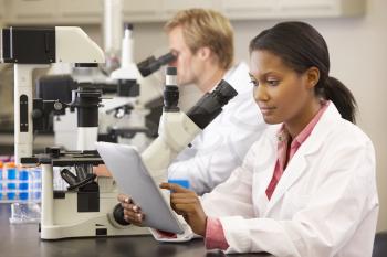 Scientists Using Microscopes  And Digital Tablet In Laboratory